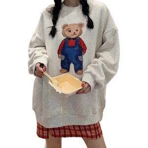 Cartoon Bear Print Cotton O Neck Sweatshirts - Image 5
