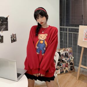 Cartoon Bear Print Cotton O Neck Sweatshirts - Image 6