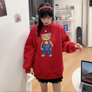 Cartoon Bear Print Cotton O Neck Sweatshirts - Image 7