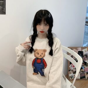 Cartoon Bear Print Cotton O Neck Sweatshirts - Image 8