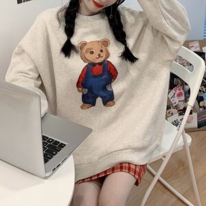 Cartoon Bear Print Cotton O Neck Sweatshirts - Image 9
