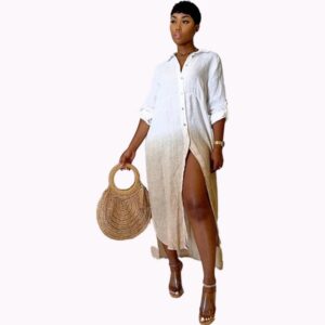 Casual Contrast Color Patchwork Long Shirt Dress - Image 2