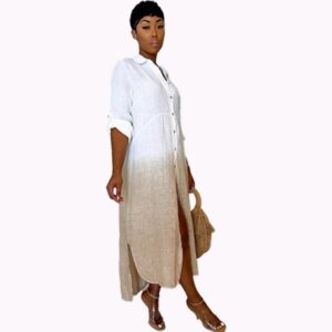 Casual Contrast Color Patchwork Long Shirt Dress - Image 3