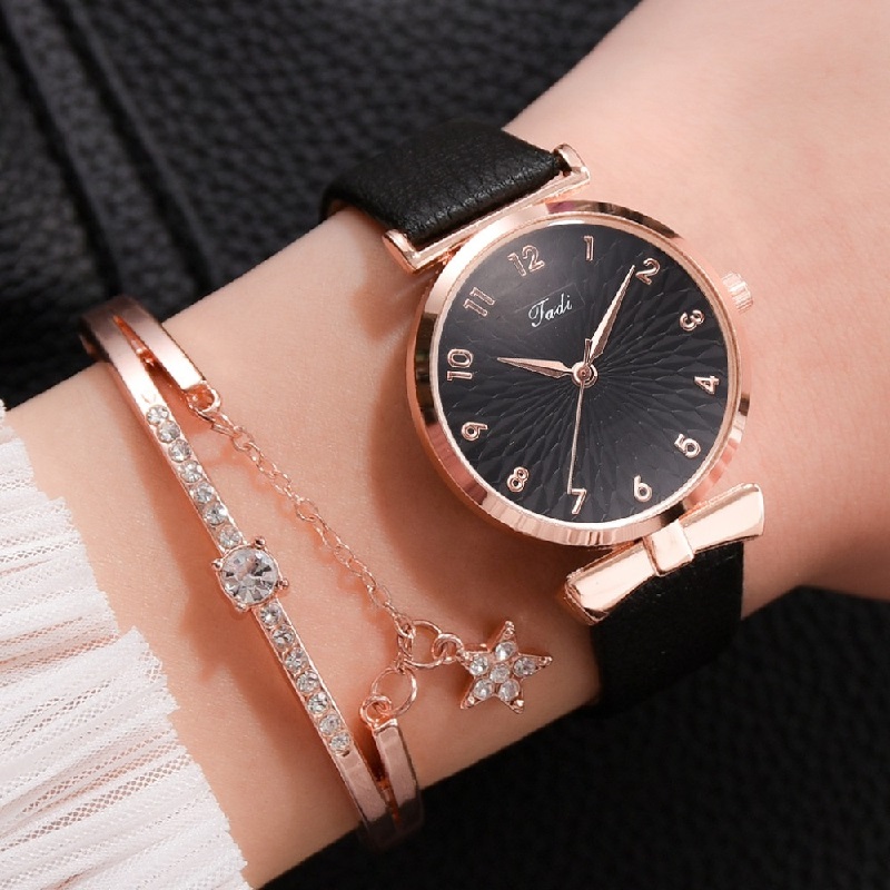 Casual Leather Flowers Quartz Bracelet And Wrist Watch Set