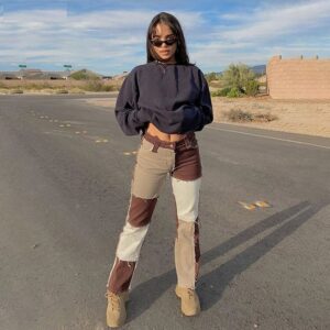 Casual Patchwork High Waist Slim Streetwear Straight Pants