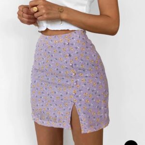 Elegant Floral Print Buttons High Waist Mini Split Skirts - Image 3