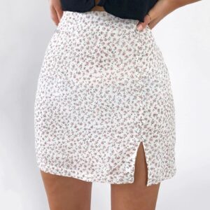 Elegant Floral Print Buttons High Waist Mini Split Skirts - Image 5