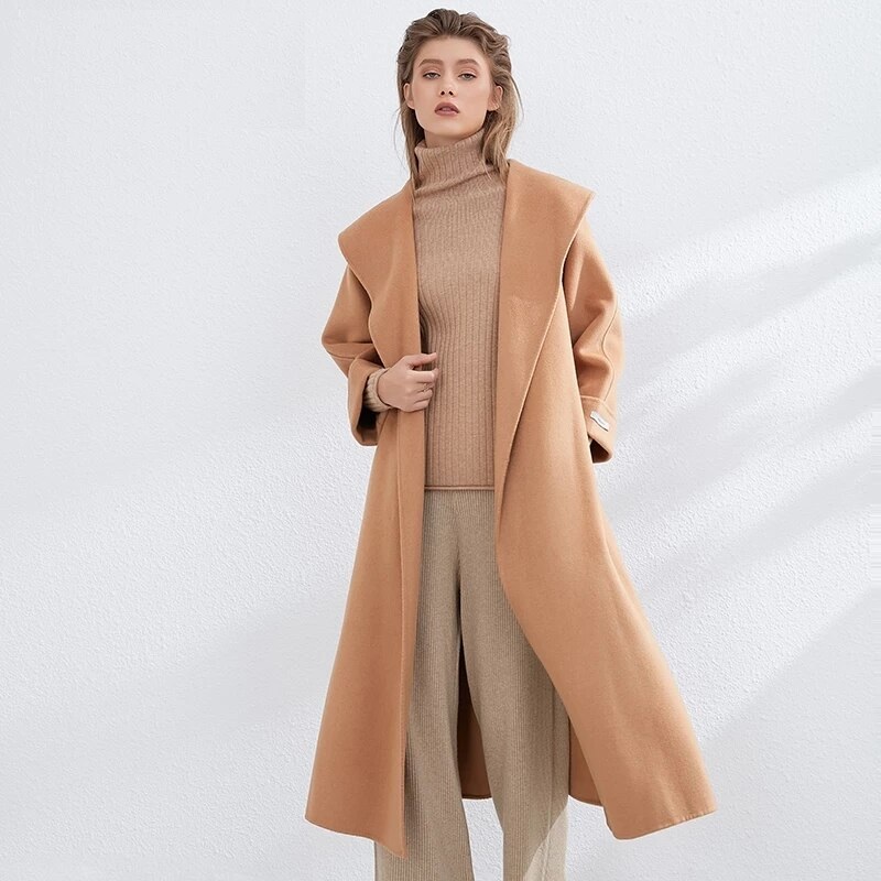 Elegant Long Woolen Back Split Overcoat With Belt Casual Coat