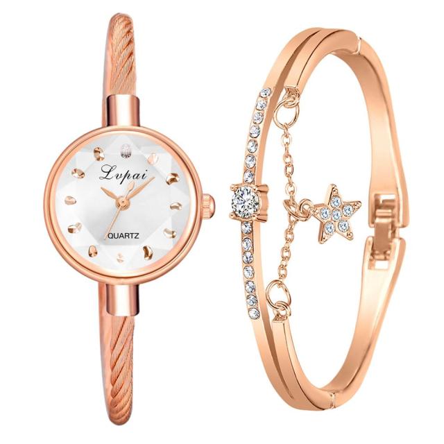 Fashion Geometric Glass Surface Bangle Bracelet and Wrist Watch Set