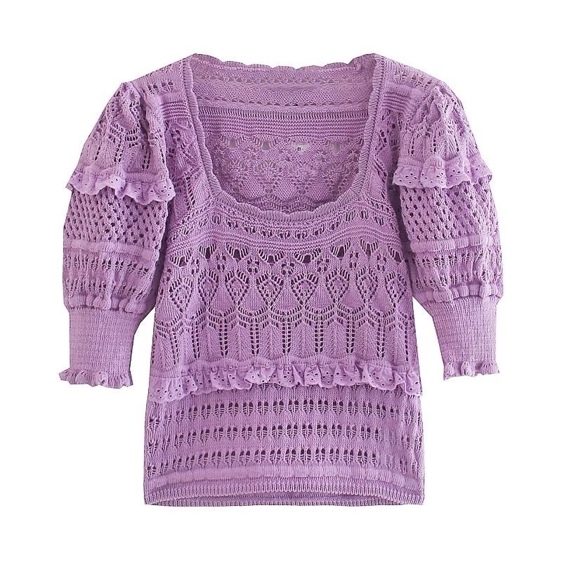 Knitted Sweater Chic Square Collar Puff Short Sleeve Tops