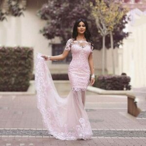 Lace Appliques Backless Mermaid Formal Prom Gowns