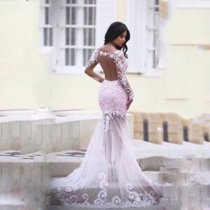 Lace Appliques Backless Mermaid Formal Prom Gowns - Image 2