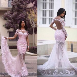 Lace Appliques Backless Mermaid Formal Prom Gowns - Image 3