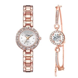 Luxury Diamond Jewelry Bracelet And Wrist Watch Set