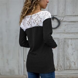 Solid Color Lace Patchwork Round Neck T-Shirt - Image 2