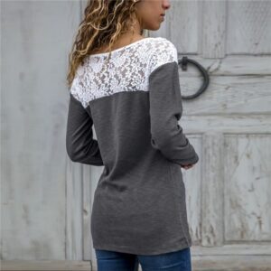 Solid Color Lace Patchwork Round Neck T-Shirt - Image 3