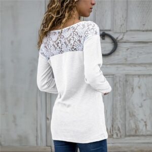 Solid Color Lace Patchwork Round Neck T-Shirt - Image 4