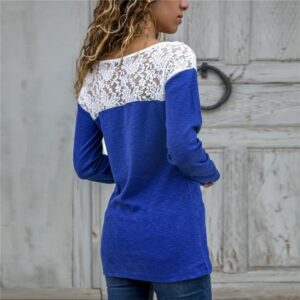 Solid Color Lace Patchwork Round Neck T-Shirt - Image 5