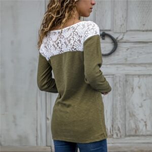 Solid Color Lace Patchwork Round Neck T-Shirt - Image 6