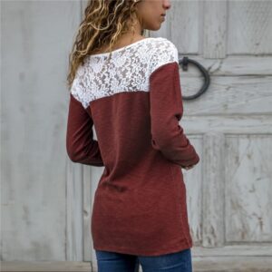 Solid Color Lace Patchwork Round Neck T-Shirt - Image 7