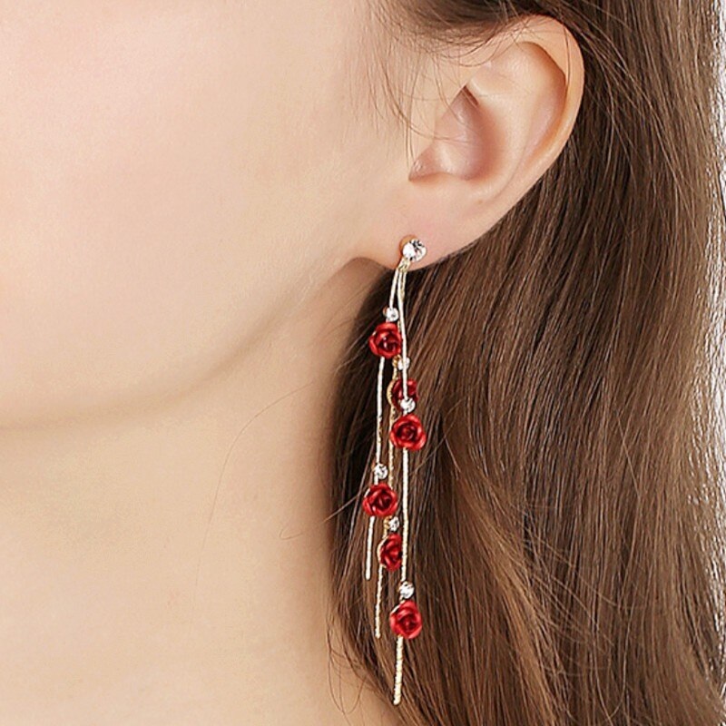 Style Rose Petals Long Tassel Pendant Earrings