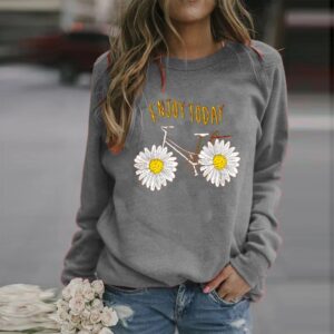 Sunflower Bike Print Hoodie Long Sleeve O Neck Sweatshirts - Image 4