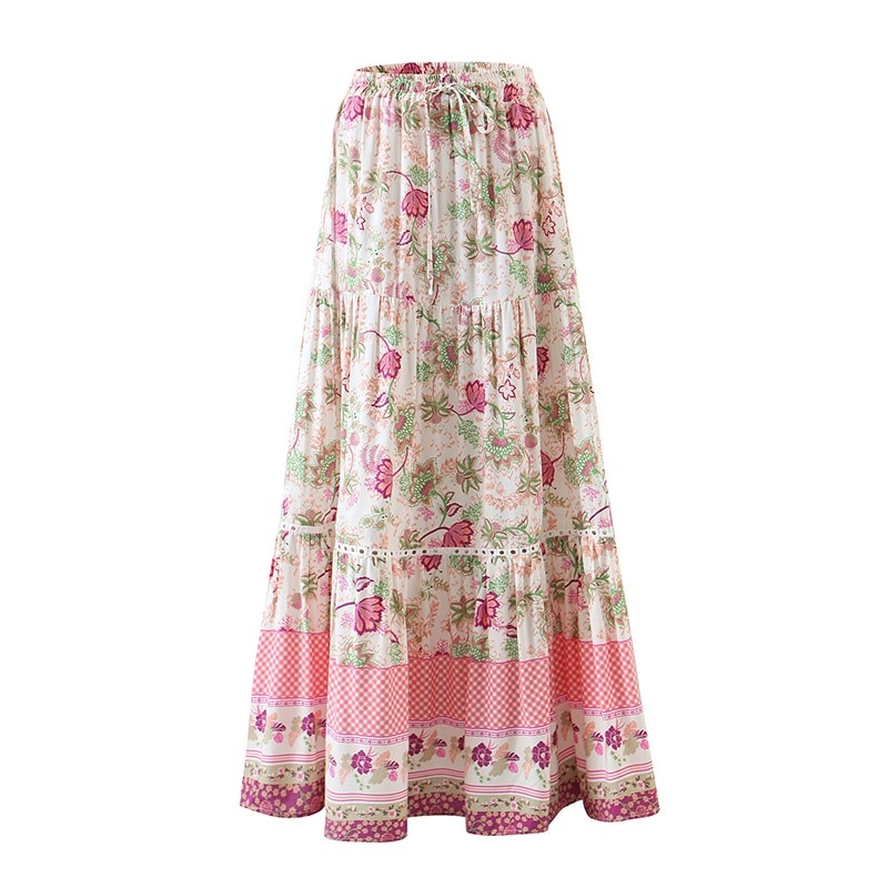 Bohemian Floral Print Pleated Long Skirt