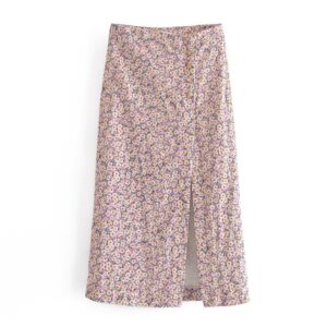 Elegant Floral Printed High Waist Split Skirt