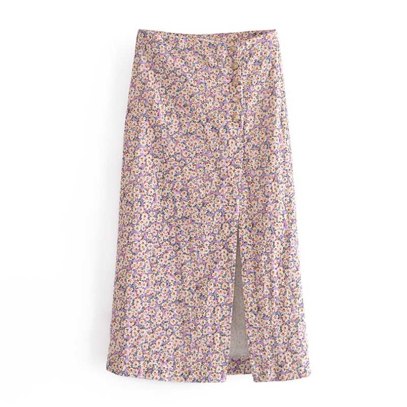Elegant Floral Printed High Waist Split Skirt