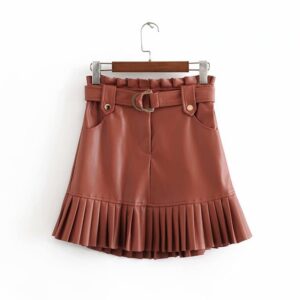 Elegant PU Leather Pleated Ruffles Tie Belt Waist Mini Skirts - Image 3