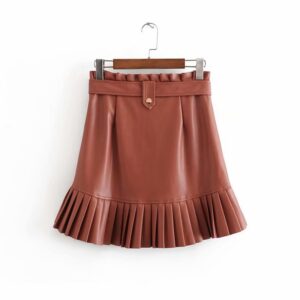 Elegant PU Leather Pleated Ruffles Tie Belt Waist Mini Skirts - Image 4