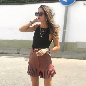Elegant PU Leather Pleated Ruffles Tie Belt Waist Mini Skirts