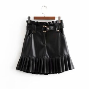 Elegant PU Leather Pleated Ruffles Tie Belt Waist Mini Skirts - Image 5