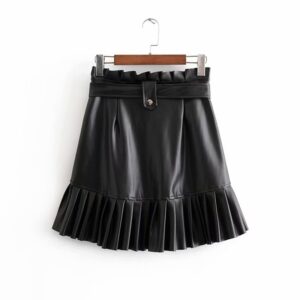 Elegant PU Leather Pleated Ruffles Tie Belt Waist Mini Skirts - Image 6
