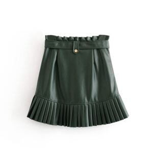 Elegant PU Leather Pleated Ruffles Tie Belt Waist Mini Skirts - Image 7