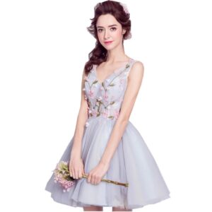 New Cute V neck Embroidery Cocktail Dress