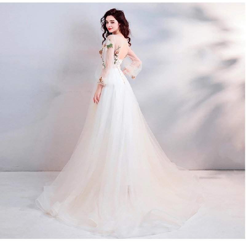 Luxury Flower Embroidery Bride Prom Party Gown