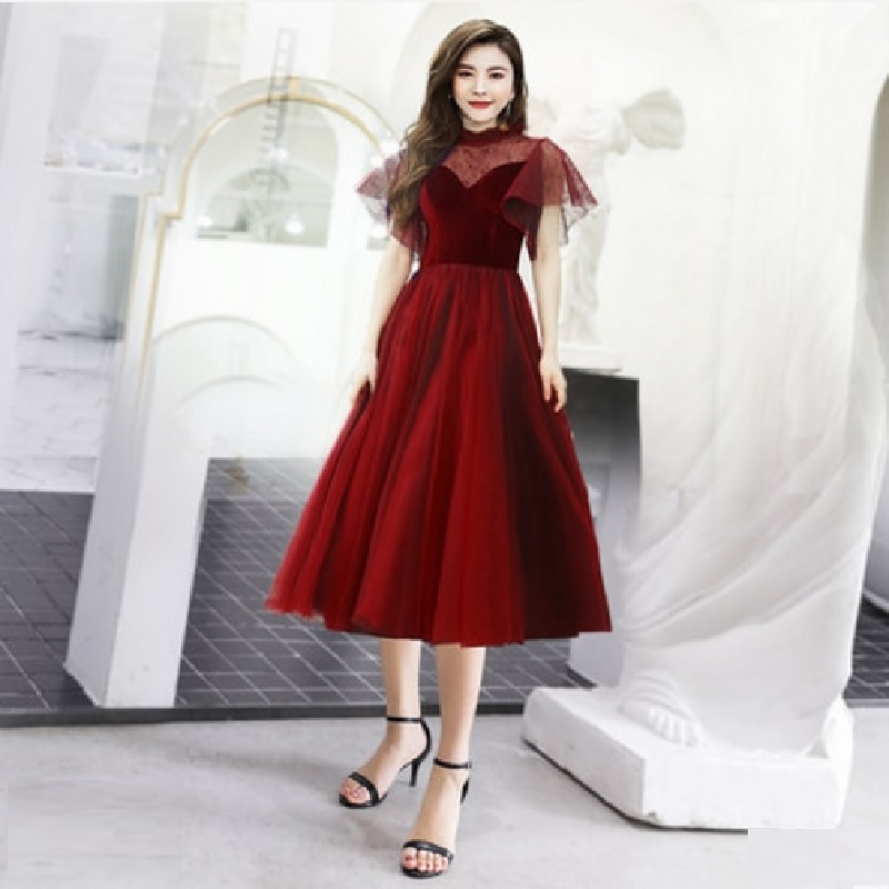 Elegant High Neck Lace Half Sleeves Knee Length Evening  Party Dress