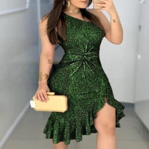 Elegant Ruched Glitter Sleeveless Twisted Cocktail Party Dress - Image 2