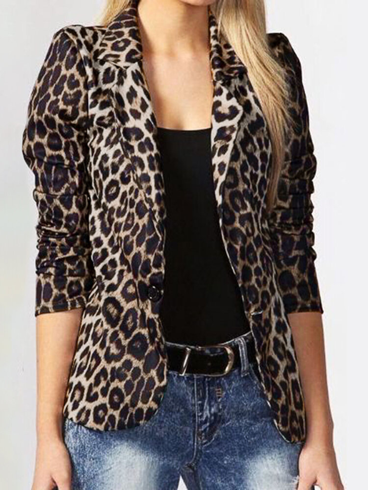 Leopard Print Long Sleeves Button Lapel Jacket