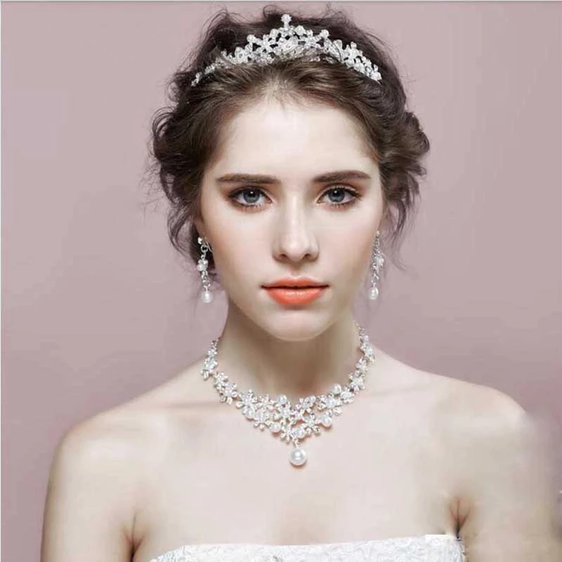Pearl Tiara Necklace Earrings Bride Jewelry Sets