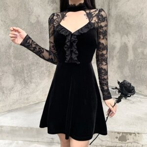 Ruffle Long Sleeve A-line Patchwork Prom Party Dress