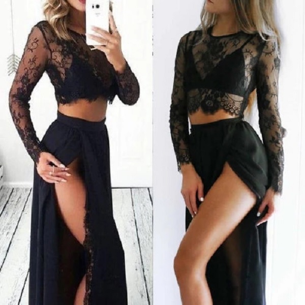 Sexy Lace Long Sleeve Crop Top suit two piece set