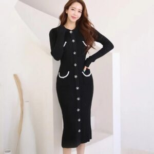 Diamond Petal Button Elegant Long Sleeve Sweater Dress - Image 2
