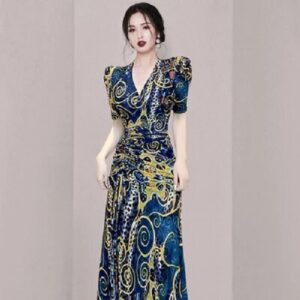 Fashion Floral Sexy Deep V-Neck Open Fork Beach Dress - Image 3