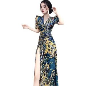 Fashion Floral Sexy Deep V-Neck Open Fork Beach Dress