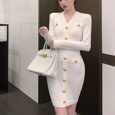 Single Breasted Bodycon Vintage Knitted Sweater Dresses
