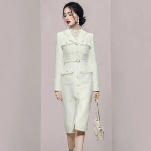 Single Breasted Long Sleeve Tweed Tassel Robe Dress - Image 2