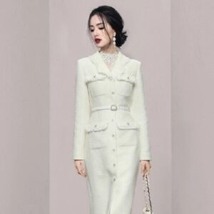 Single Breasted Long Sleeve Tweed Tassel Robe Dress - Image 3