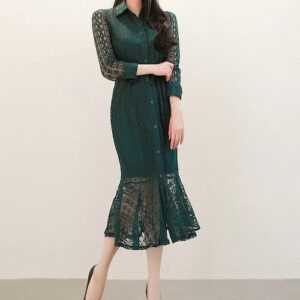 Vintage Turn-down Collar Lace Up Mermaid Elegant Party Dress - Image 3